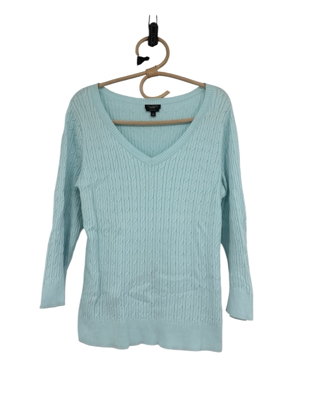 Talbots Sweater Powder Blue V-Neck Cable Knit Pima Pullover Cotton 3/4 Sleeve L